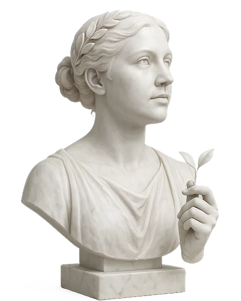 Marble bust of a founder wearing a laurel and holding a seedling