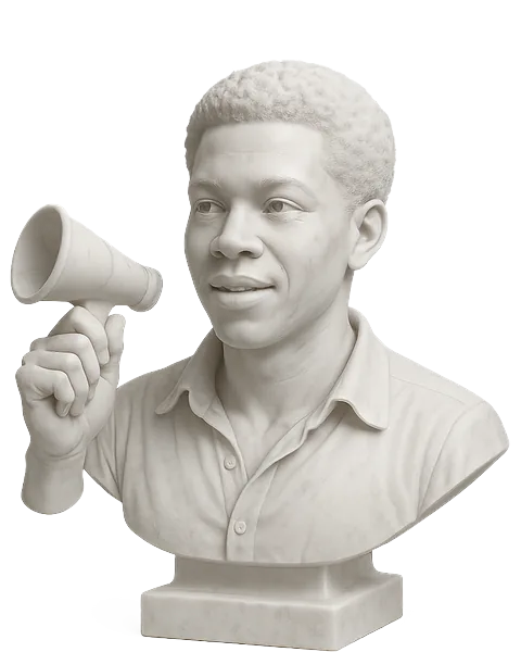 Marble bust of a marketer holding a megaphone