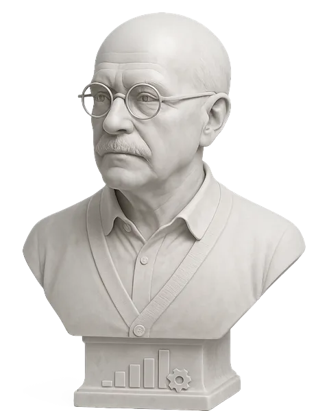 Marble bust of a RevOps lead in reading glasses above a carved bar chart