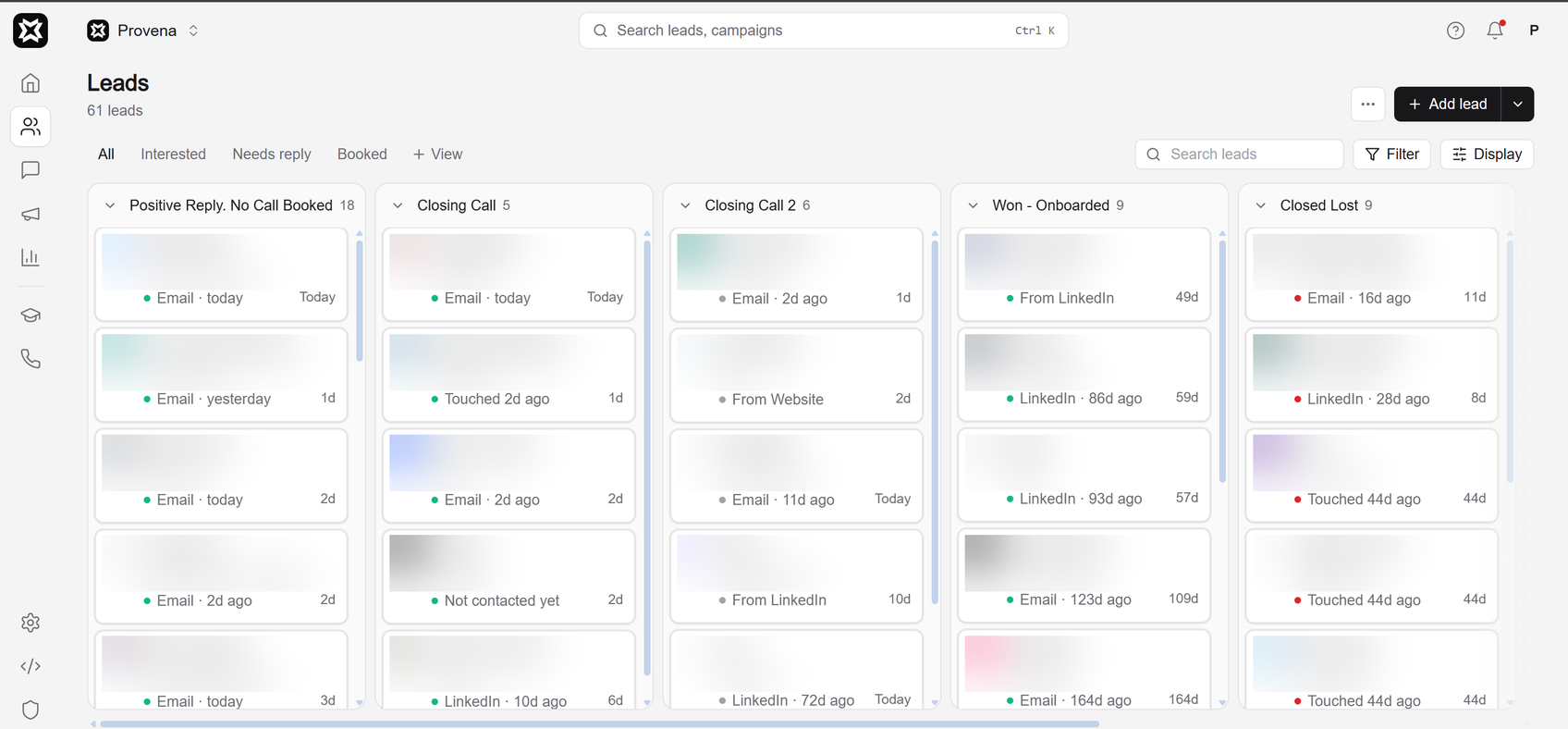 Provena CRM leads board by stage, from positive reply to won, with every lead name, email and company blurred